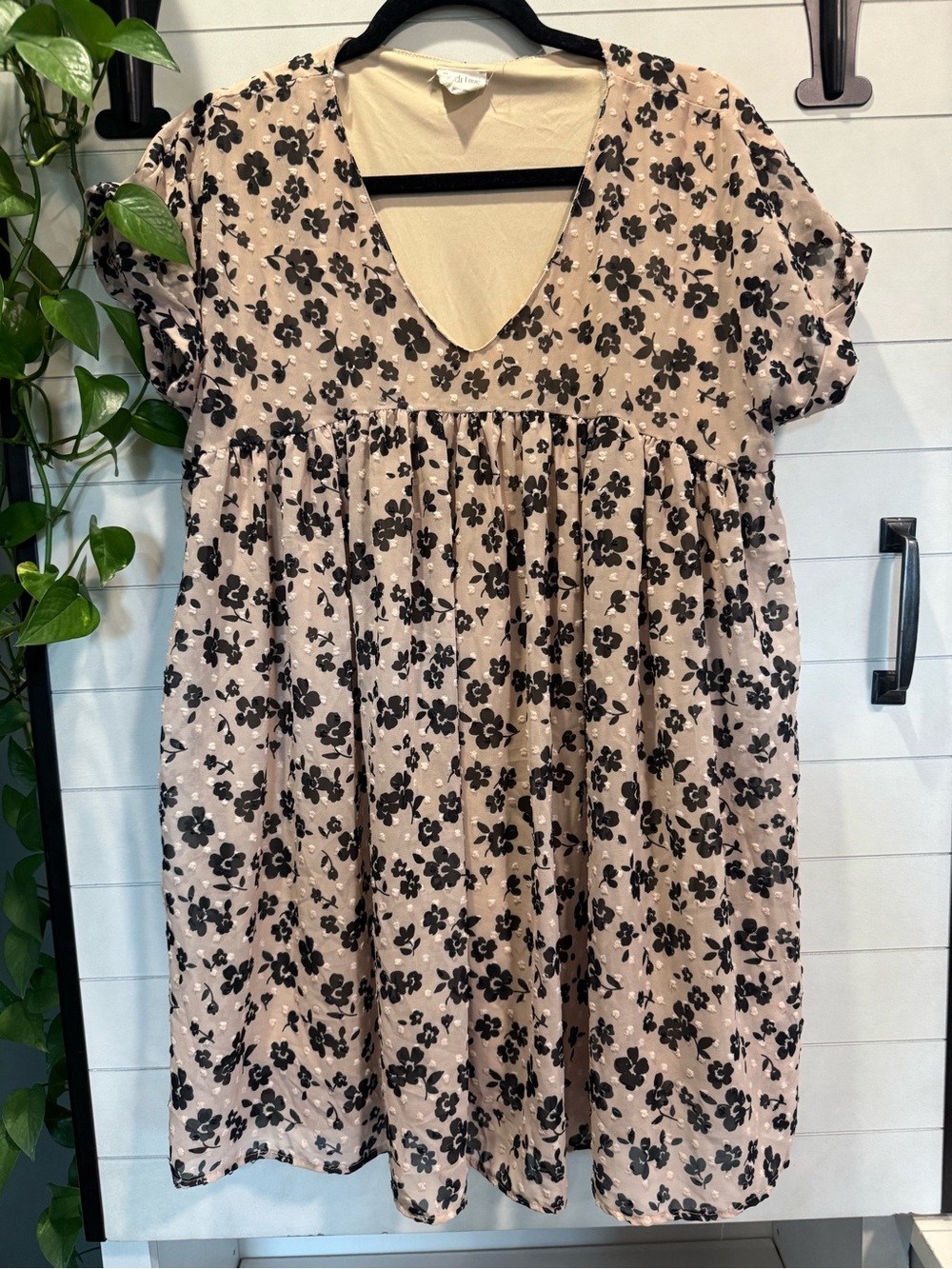 Peach Love California Beige Floral Mini Dress with Black Print